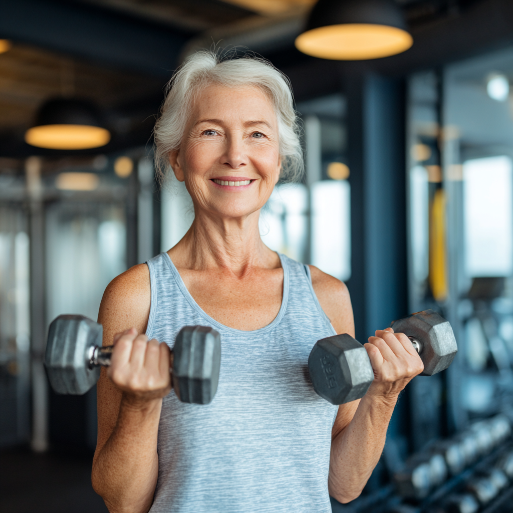 Confident elderly European woman in athletic wear smiling during fitness training session in modern gym