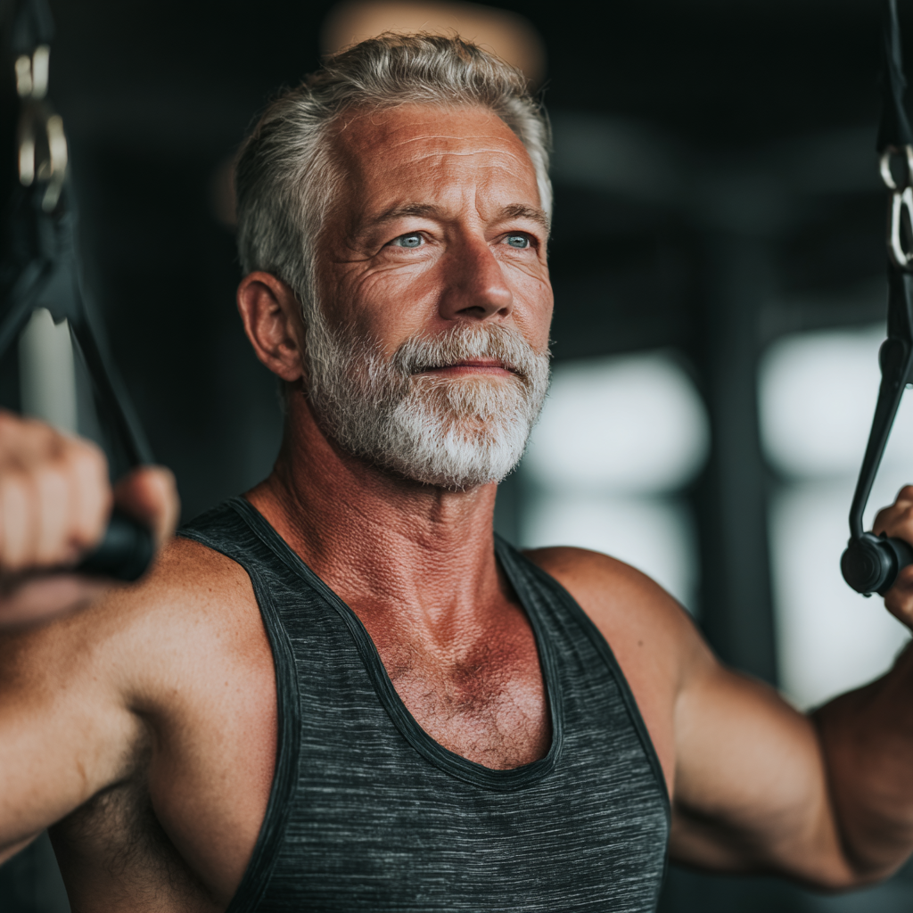 Healthy elderly European man preparing nutritious meal with fresh vegetables and proteins in bright kitchen