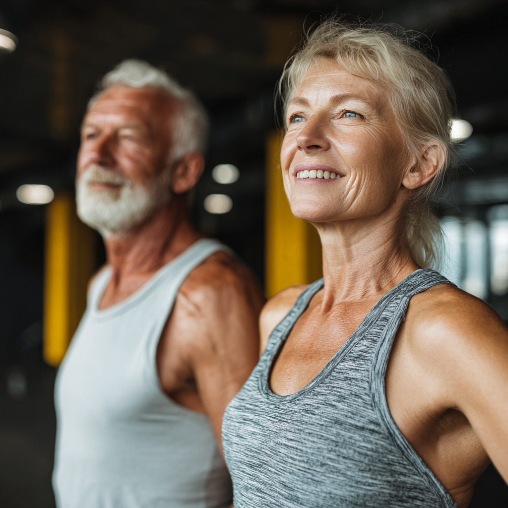 Focused elderly European man performing mindful strength training exercise with proper form in peaceful gym environment